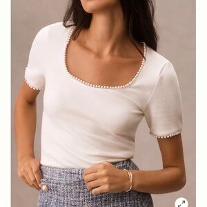Canapé Pearl-Trim Scoop-Neck Tee Size M